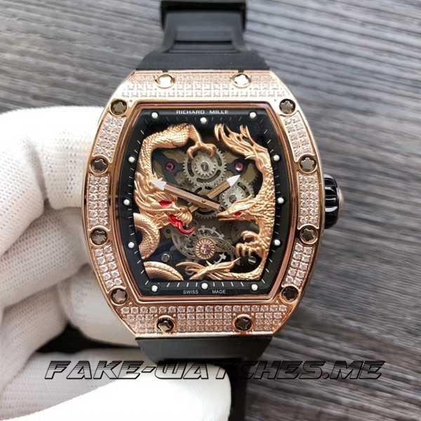 Fake - Richard Mille Replica RM 51 Longfeng Chengxiang Rubber Belt Glass Mirror with Blue Ray Plating
